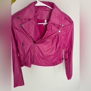 Hot pink faux leather cropped moto jacket by Glam